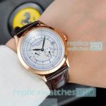 Big Discount Copy Patek Philippe Calatrava Rose Gold Bezel Brown Leather Strap Men's Watch